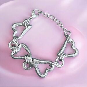 Silver Tone Open Heart Chain Link Lobster Clasp Bracelet 9" Chunky Valentine's